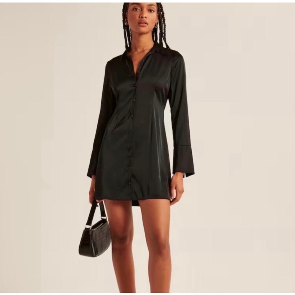 Abercrombie & Fitch Black Long Sleeve Satin Shirt Dress Collared Size Small
